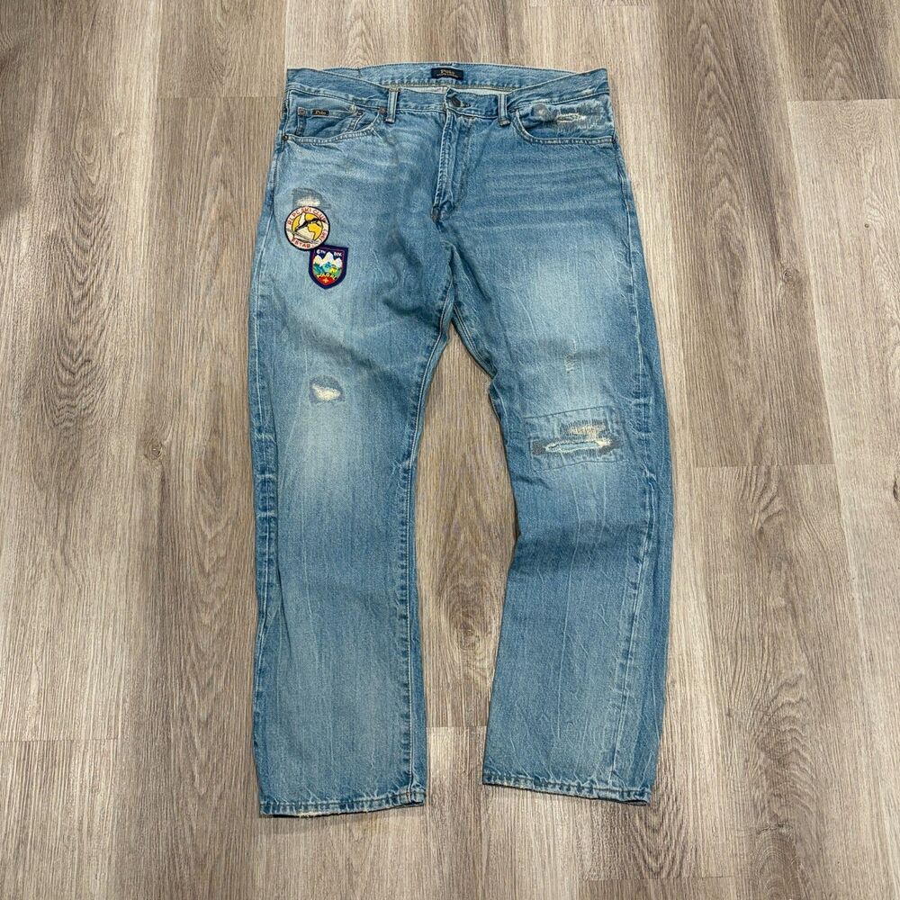 Polo Ralph Lauren Men's Blue Patched Distressed Varick Slim Straight Jeans 36x31